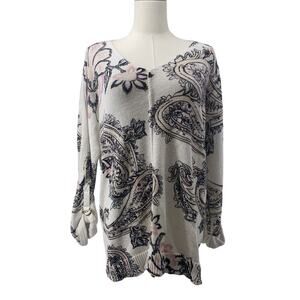 Chico’s V-Neck Sweater Size 2 / US Large White Floral Paisley 3/4 Tab Sleeves